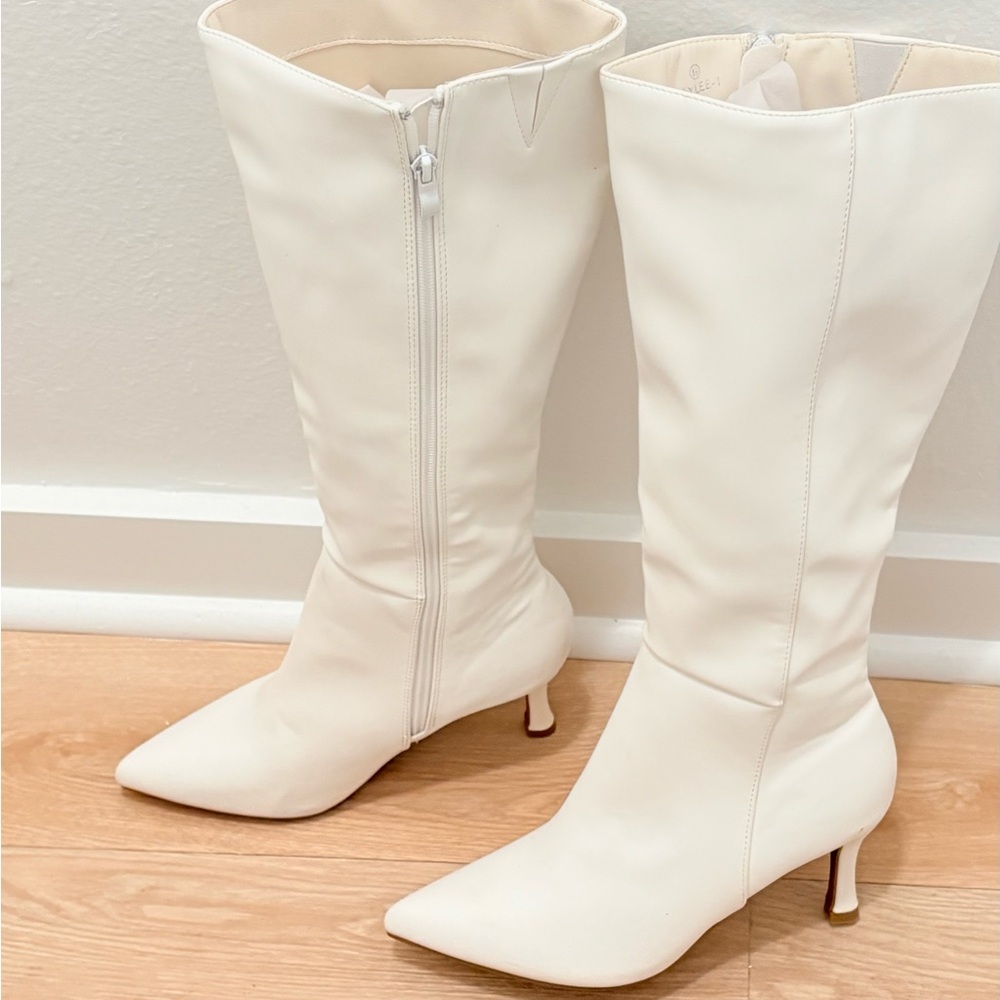 TOP Moda White Mid-Calf Pointed-Toe Kitten Heel Boots